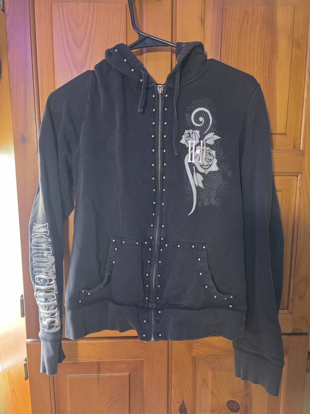 Harley-Davidson Black Studded Zip Hoodie with White Rose Graphic